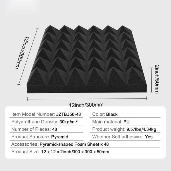 Akustiska skumpaneler 12x12x2 cm, 48-pack, ljudabsorption, dekorativa ljuddämpare, enkel installation, hälsosam arbetsmiljö