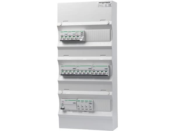 PRO-AUTOMATIC Ryhmäpaneeli valmiiksi asennettuna UG18 Valkoinen, HPFI 40A 30mA, 2xC10 1P+N, 1xC10/30mA 1P+N, 2xC13 3P+N, 1xC16 3P+N, 1xTransientti