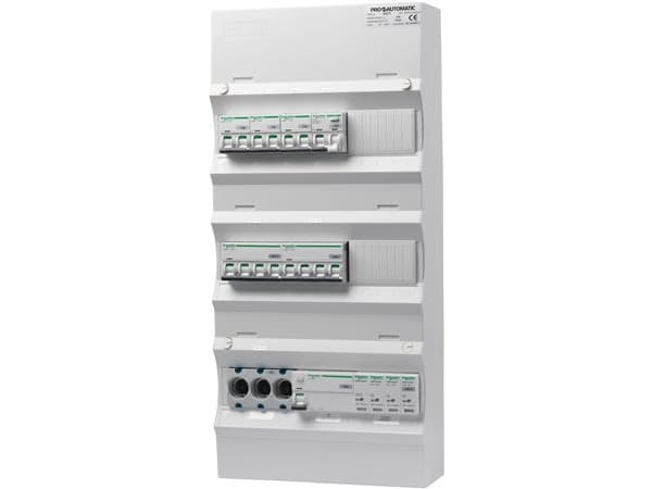 PRO-AUTOMATIC Ryhmäpaneeli valmiiksi asennettuna UG18 Valkoinen, D02, 1xHPFI 40A 30mA, 3xC10 1P+N, 1xC10/30mA 1P+N, 1xC13 3P+N, 1xC16 3P+N, 1xTransie