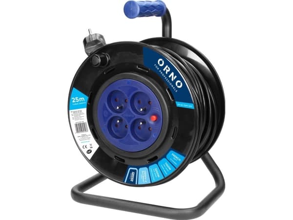 Orno Coil Extender, 4 pistorasiaa 2P+Z, PVC-kaapeli H05VV-F 3x1,5mm?, pituus 25m, kiinteät pistorasiat, lämpösulake, virtapolun venttiilit.