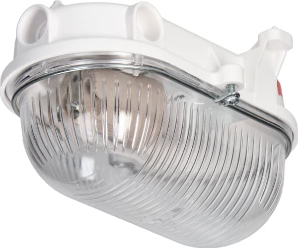 Orno OVAL-7063NB taklampe, lysarmatur, 75W, E27, IP54, IK10, transparent polykarbonat lampeskjerm, bakelitt sokkel, metall nettingring, hvit
