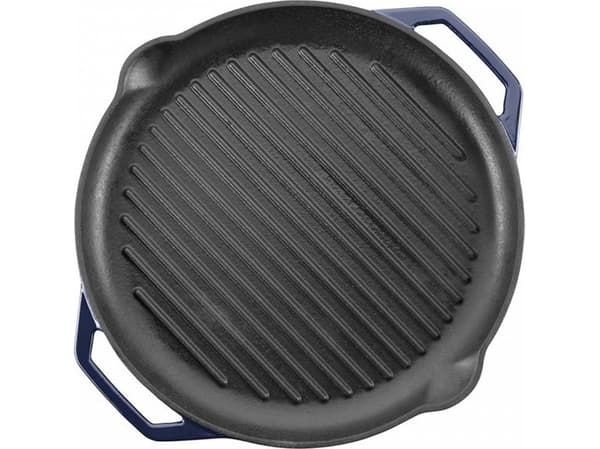 GRAND FEU cast iron frying pan, enameled, ribbed, blue color