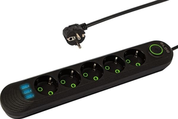 Blow PS-530 5-paikkainen 3xUSB-verkon jatke 3m musta 2x1mm