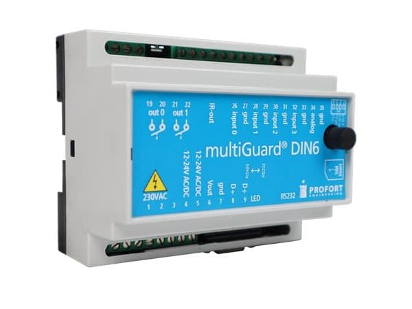 PROFORT multiGuard® DIN6. 4G sender/modtager, til overvågning af tekniske installationer, 4 digitale og 1 analog indgange. 2 relæ-udgange