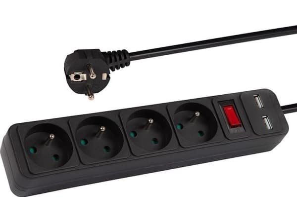 Blow 98-779# Förlängningskabel pr-470wsp/usb 4-uttag+usb jordad+brytare 5m svart 3x1,5mm