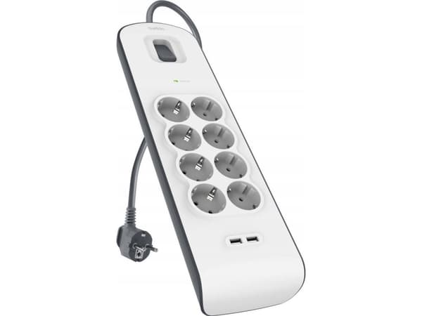 Belkin ylijännitesuojapistorasia 900J, 8 Schuko pistorasiaa, 2x USB-A, 2m, 2m