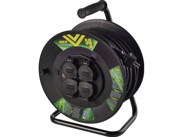 Jatkokela 4 pistorasiaa 50m maadoituksella, 3x1.5mm², 16A, 3680W, kaapeli kumieristeellä H05RR-F3G, IP44