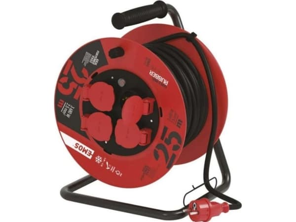 Förlängningsrulle 4 uttag 25m med jord, 2,5mm², 16A, 3680W, kabel med gummiisolering H05RR-F3G, IP44