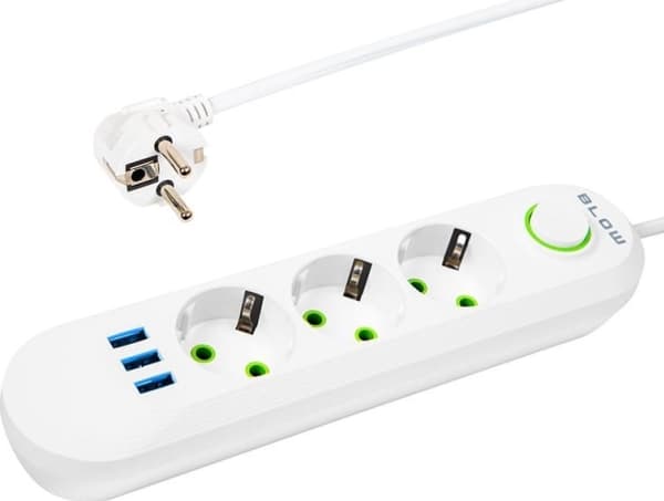 Blow PS-350 3-paikkainen 3xUSB-verkon jatke 5m valkoinen 2x1mm