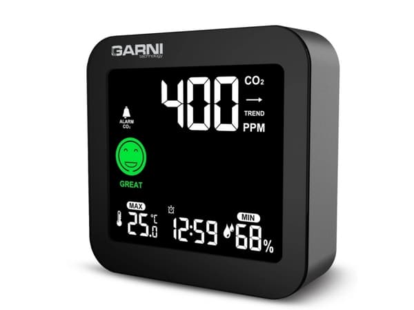 GARNI 201 OneCare, Musta, Hiilidioksidi (CO2), Kosteusmittari sisäkäyttöön, Lämpömittari sisäkäyttöön, Kosteusmittari, Lämpömittari, 1 - 99%, 1%, 400