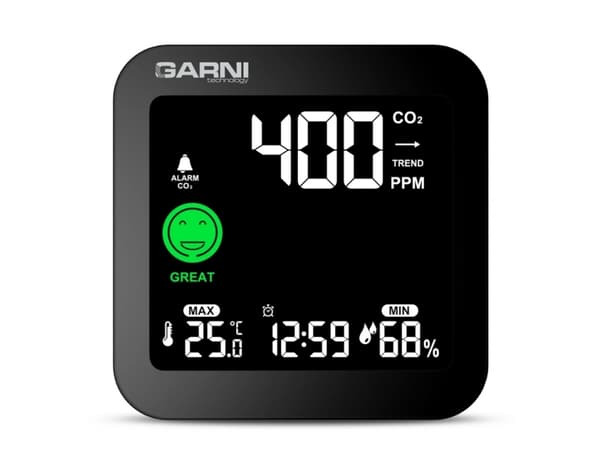 GARNI 201 OneCare, Musta, Hiilidioksidi (CO2), Kosteusmittari sisäkäyttöön, Lämpömittari sisäkäyttöön, Kosteusmittari, Lämpömittari, 1 - 99%, 1%, 400