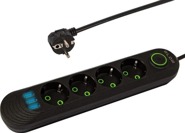 Blås 98-219# PS-420 nettverksforlengelseskabel 4-kontakter 3xUSB 2m svart 2x1mm