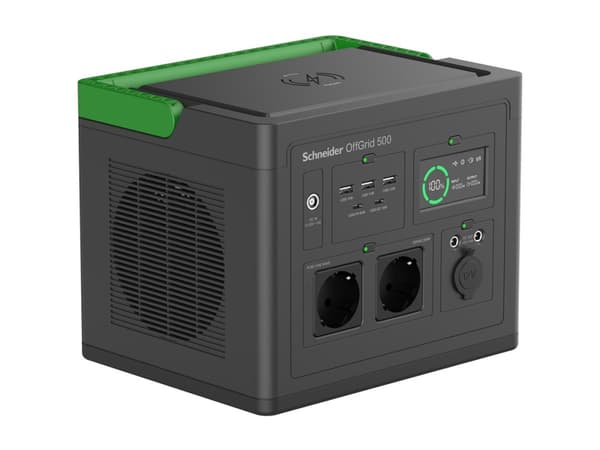 Schneider OffGrid 500 - Bærbar strømstasjon - LCD, litium-ion, 2 CEE 7/3 schuko-kontakter, sinuskurve, 3 USB-A, 2 USB-C, trådløs lader - AC 195 - 265