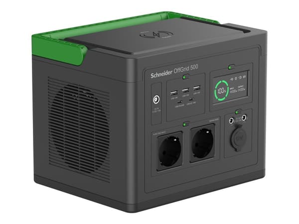 Schneider OffGrid 500 - Bærbar strømstasjon - LCD, litium-ion, 2 CEE 7/3 schuko-kontakter, sinuskurve, 3 USB-A, 2 USB-C, trådløs lader - AC 195 - 265 Sort, Grønn