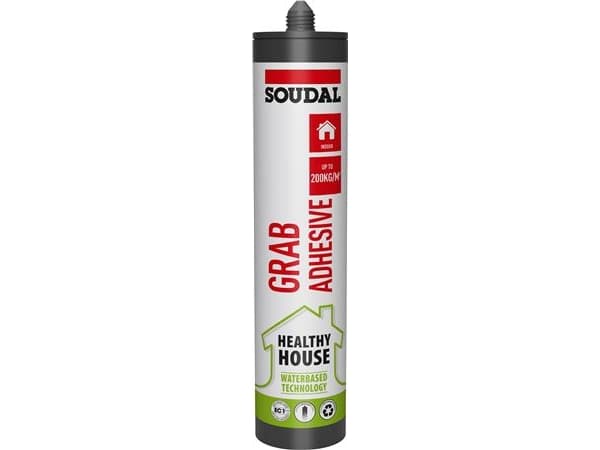 SOUDAL Grab Adhesive Healthy House on vesipohjainen liima, joka on valmistettu 80 % kierrätysmateriaaleista. 290 ml