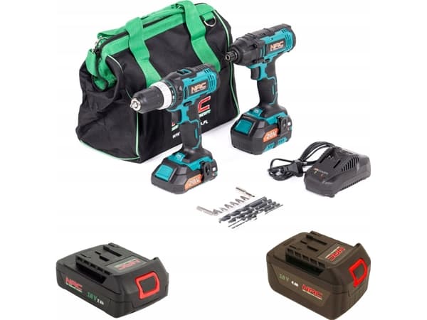 NAC elektroverktøy boremaskin/driver + CDB-ID-ST2-20V NAC slagdriver + 2,0 Ah batterier + 4,0 Ah batteri + Lader