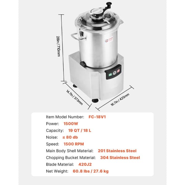 Madprocessor og Grøntsagshakker 18L, fødevaregodkendt rustfrit stål, kraftfuld blender, nem rengøring, slidstærk design