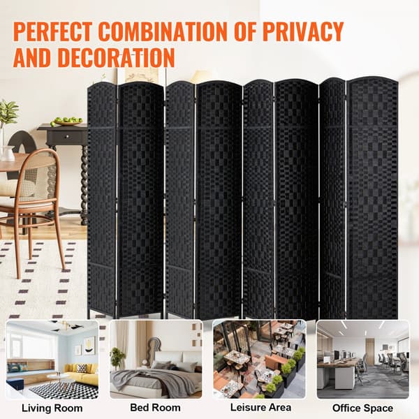 8 Panel Rumdeler, Håndvævet Folde Privacy Screen, Sort, justerbare hængsler, perfekt til ruminddeling, stilfuld og funktionel