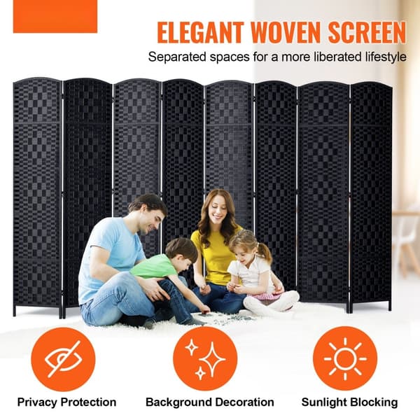 8 Panel Rumdeler, Håndvævet Folde Privacy Screen, Sort, justerbare hængsler, perfekt til ruminddeling, stilfuld og funktionel