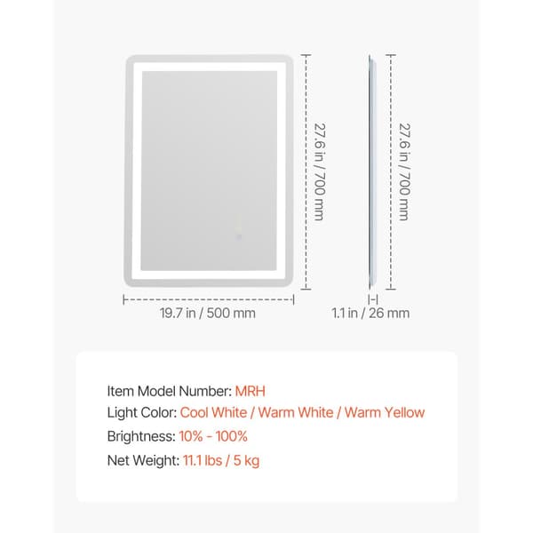 LED Badrumsspegel 3-färg, Väggmonterad Sminkspegel 50x70cm, Anti-dim Funktion
