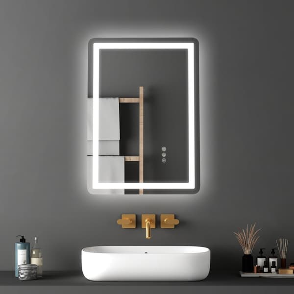 LED Badrumsspegel 3-färg, Väggmonterad Sminkspegel 50x70cm, Anti-dim Funktion