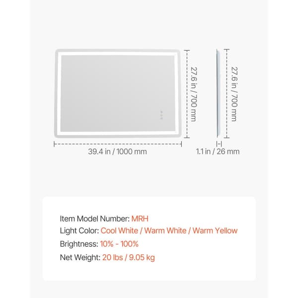 LED-Kylpyhuonepeili, Seinälle kiinnitettävä meikkipeili 70 x 100 cm, 3 Väriä, Huurtumista estävä ominaisuus