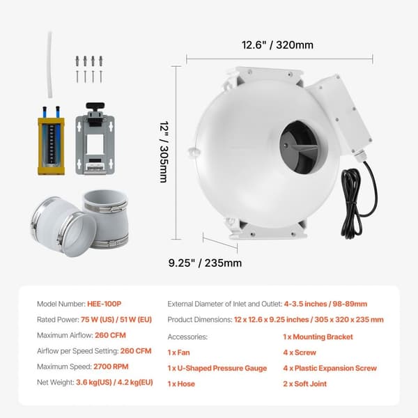 4 til 3,5 Radon Afbøjning Fan System Kit, Stille 260 CFM Inline Kanalventilator, effektiv luftstrøm, let installation