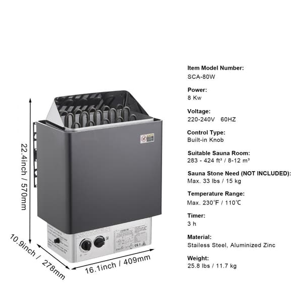 8KW Elektrisk Saunaovne, Indbygget Styring, Ideel til 8-12 m³ Hjemmespa, Energibesparende, Hurtig Opvarmning