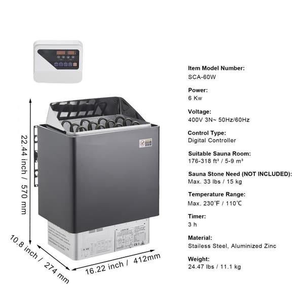 6KW Elektrisk Bastuvärmare, Spis med Digital Kontroller, för 5-9 m³ Hem Spa