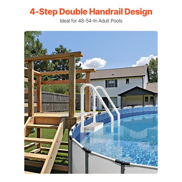 Hvid poolstige 4-trins, 2 gelændere, understøtter 400 lb til 48-54 tommer pools, rustfrit stål, slip-resistant trin