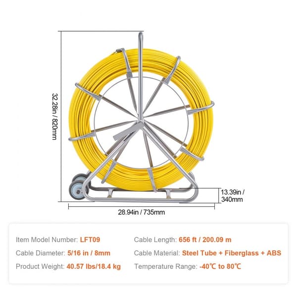 Fisketape aftrækker, glasfiber 656 ft 5/16 in, skabelon til kabelføring, holdbart, fleksibelt design, nem at bruge