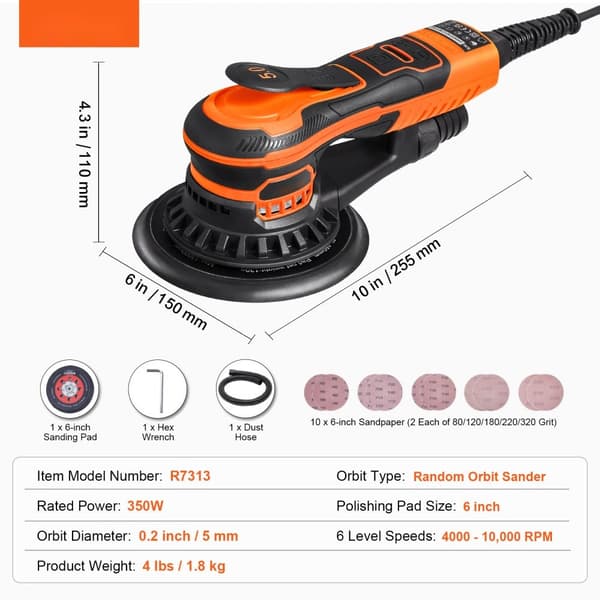 Slumpmässig orbital slipmaskin 6'', Palm sander 10 ST Sandpapper, 6 variabel hastighet