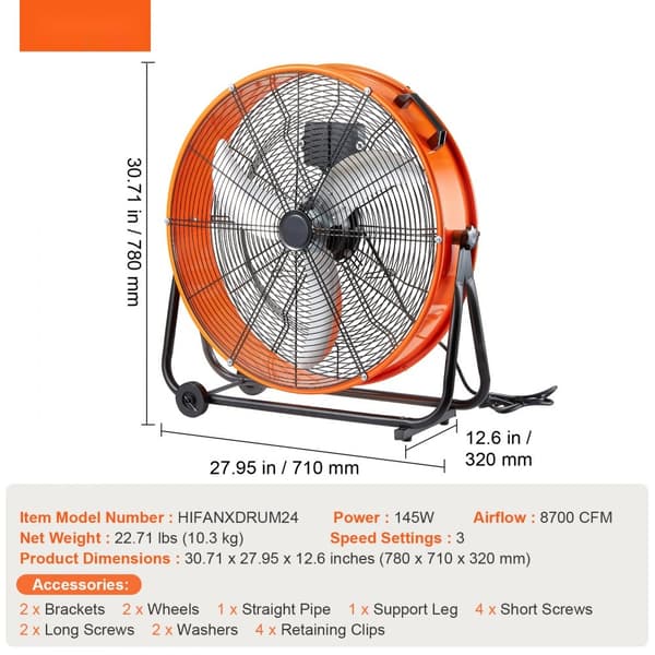 Trommeventilator 24 tommer, Højhastigheds Industriel, 3-hastigheds timer, ideel til lager og store rum, effektiv luftcirkulation