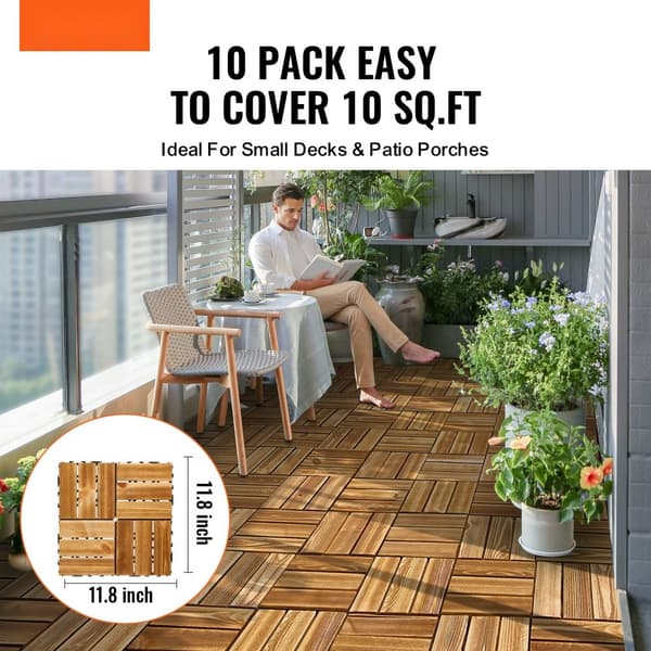 Sammenlåsende dækfliser, Massivt træ 10 pakke 12x12, Kamferfyr, holdbare, velegnede til veranda, nem at installere