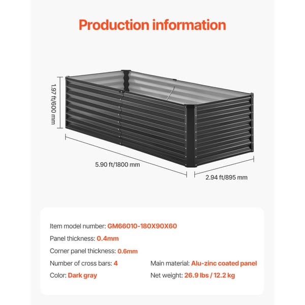 Metal Hævet Haveseng 6x3x2ft, Galvaniseret Plantekasse, Mørkegrå, Holdbar og Vandafvisende, Ideel til Udendørs Brug