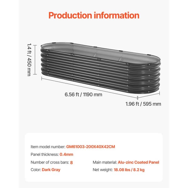 Upphöjd Trädgårdssäng i Metall, 6,56x1,96x1,4ft, Galvaniserad Planteringslåda, Mörkgrå Färg