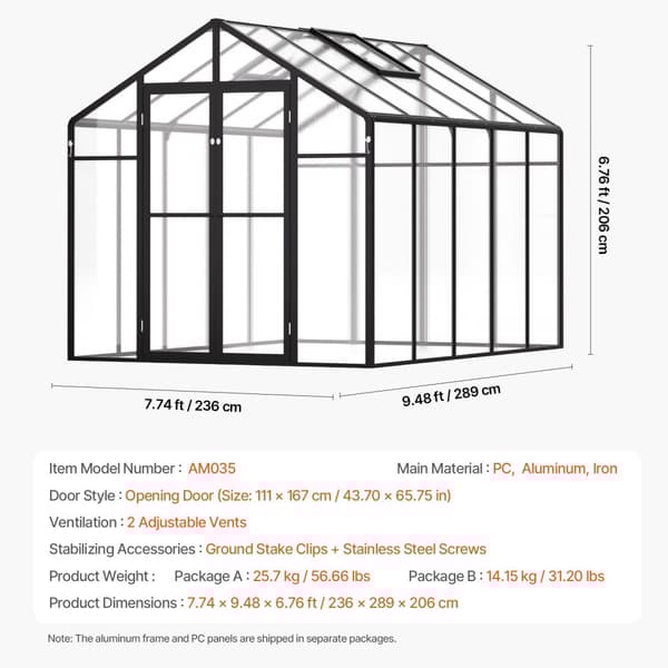 Polykarbonatväxthus 8 x 10 Ft, Utomhus Walk-in Modell, Perfekt för trädgården