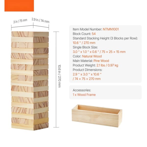 Tumbling Timber Leksak, 54 Block Tumbling Tower Spel, Furukasse, Tillverkad av Trä
