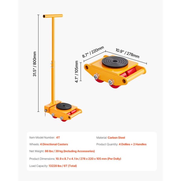 Maskine Skate 13228 lbs, 6T Maskine Skate Dolly, Håndtag, 360° Rotation, Heavy Duty, Let at flytte
