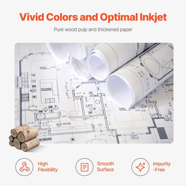 Laaja Formaatti Paperi, Plotteripaperi 6 rullaa, 24 in x 150 ft CAD Bond Rullat, avainominaisuudet