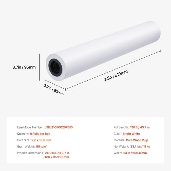 Laaja Formaatti Paperi, Plotteripaperi 6 rullaa, 24 in x 150 ft CAD Bond Rullat, avainominaisuudet
