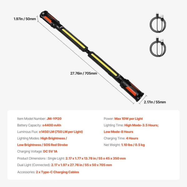 Underhuv Arbetsljus, 1450LM 4400mAh LED, Magnetisk, Uppladdningsbar, Högbelysningsförmåga