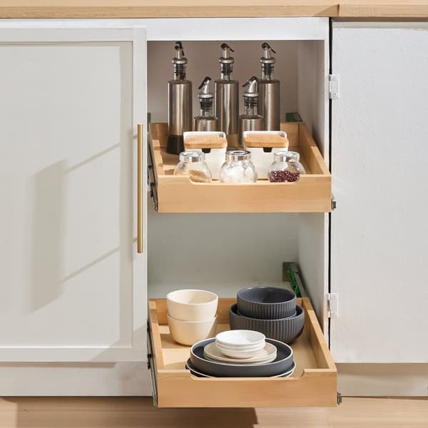 Utrækbar Skab Organizer, Blødt Lukke, Træskuffe 14B x 21D, pladsbesparende, nem installation, moderne design
