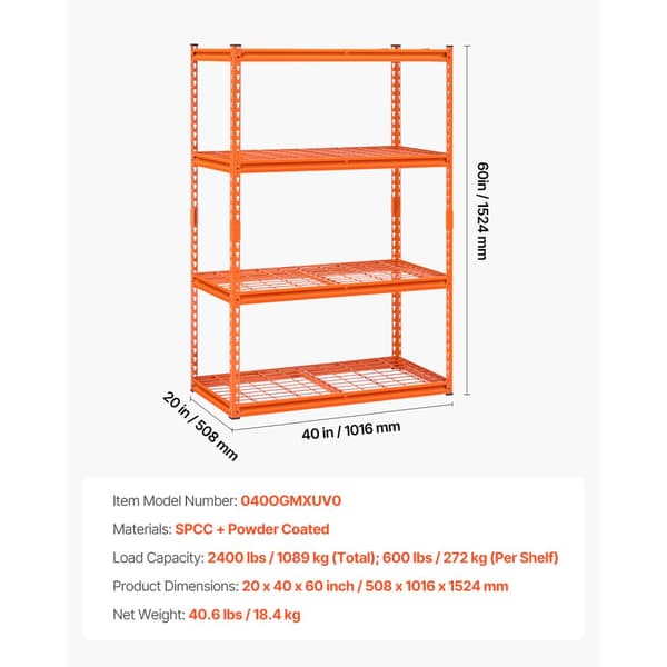 Opbevaringshylder 4 Etager, Justerbar Heavy Duty Garagereol, 2400 lbs kapacitet, robuste metallrammer, let at montere