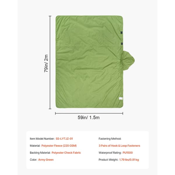 Campingfilt 200x150cm, Bärbar Varm Stadionfilt, Utomhus Grön Arméfärg