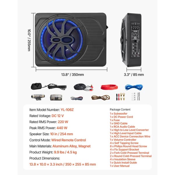 10 Bilsubwoofer för Undersäte, 440W, Blått Ambientljus, Högeffektivt Subwoofersystem