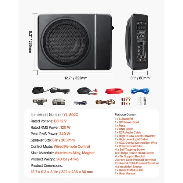 8 tuuman 240 W auton subwoofer, istuimen alla, ohut sähkökäyttöinen subwoofer-järjestelmä autoon tai kuorma-autoon