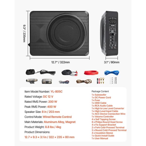 8 400 W under sædet bilsubwoofer, Slank design, kraftfuld bas, perfekt til bil- og lastbilinstallationer