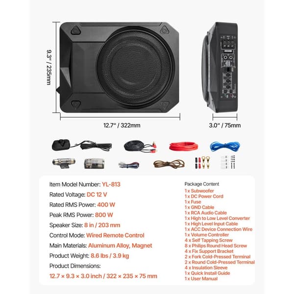 8 800 W under sædet bil subwoofer, slankt drevet subwoofer system, høj kvalitet bas, ideel til bil og lastbil