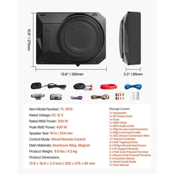 400 W Under Sædet Bil-Subwoofer, Slank Design, Effektivt Bil/Lastbil Subwoofer-System, Kompakt Størrelse, Dyb Basrespons